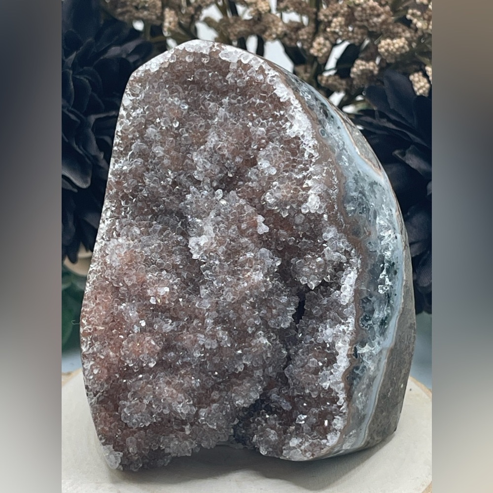 Pink Rainbow Amethyst Cut Base with Red Hematite and a Quartz Banding